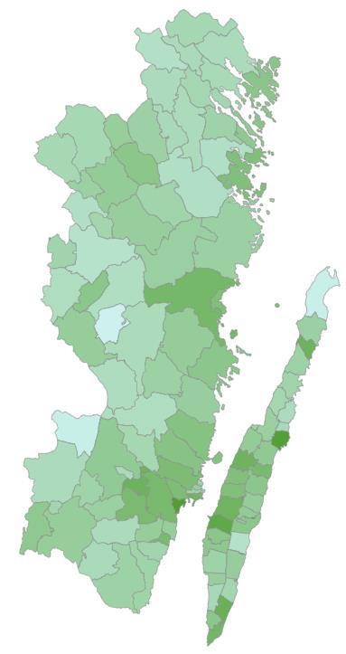 Figur 7 visar andelen eftergymnasialt utbildade (vänster) och genomsnittsinkomster 6 (höger) per SAMS-område 7 i Kalmar län.