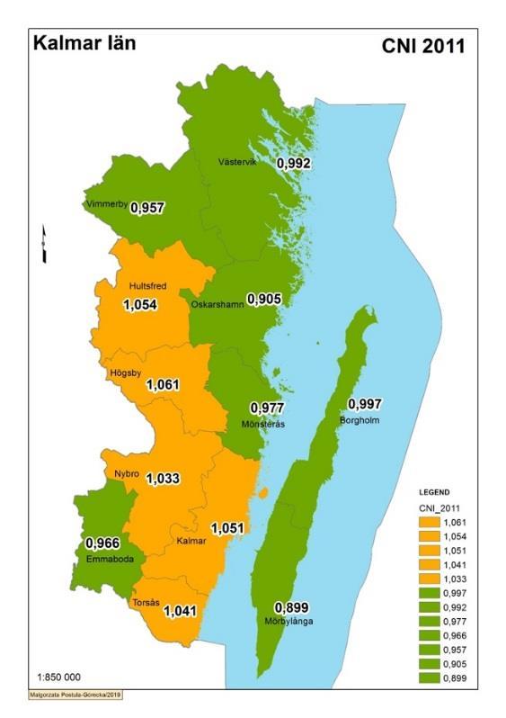 Figur 31. Care Need Index för Kalmar län 2011 och 2017 Källa: Vårdval RKL Ett sätt att prognosticera vårdbehovet är att koppla befolkningsutveckling till vårdkonsumtion så som den ser ut idag.