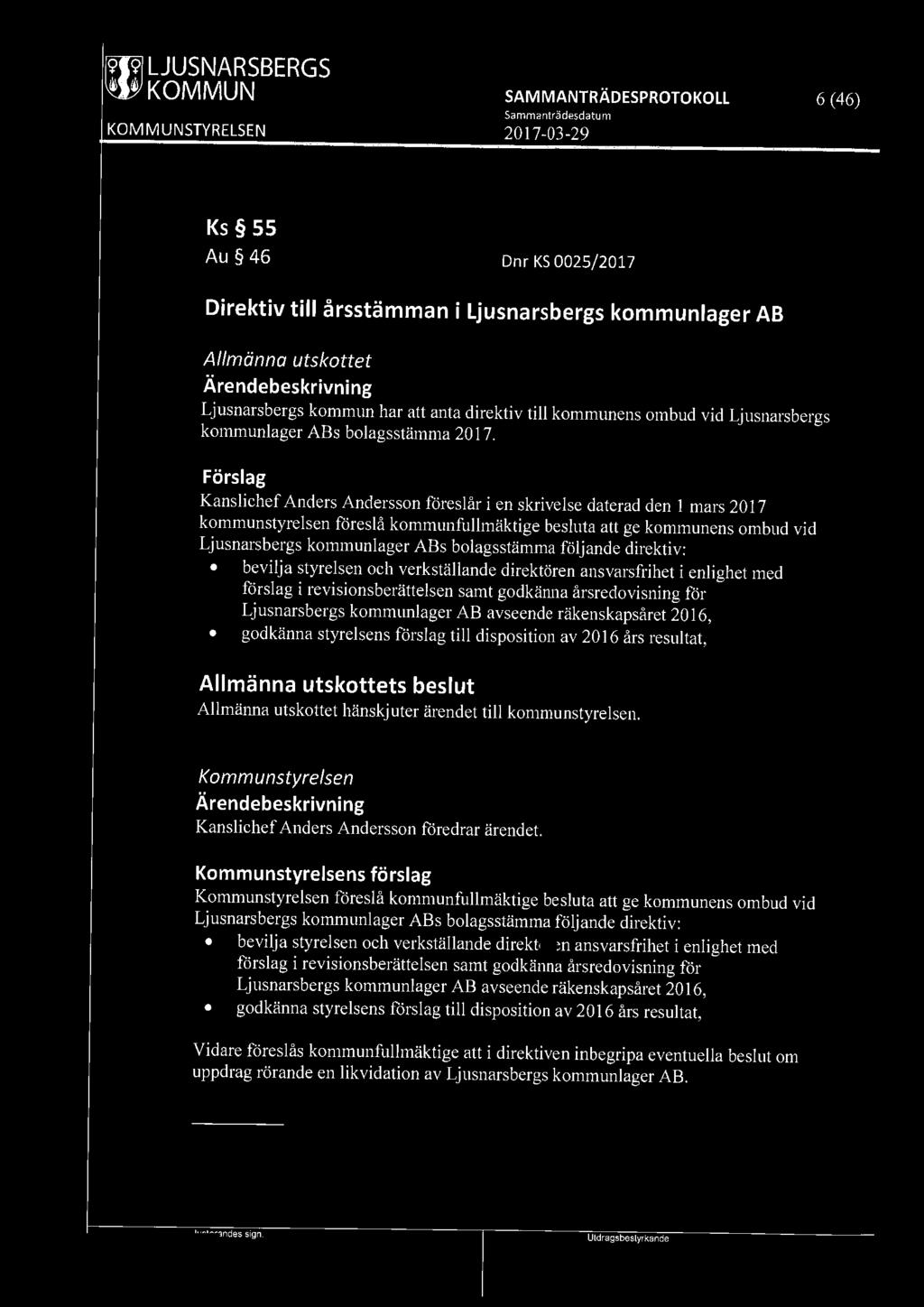 ~ LJUSNARSBERGS SAM MANTRÄDESPROTOKOLL 6 (46) Ks 55 Au 46 Dnr KS 0025/ 2017 Direktiv till årsstämman i Ljusnarsbergs kommunlager AB Allmänna utskottet Ljusnarsbergs kommun har att anta direktiv till