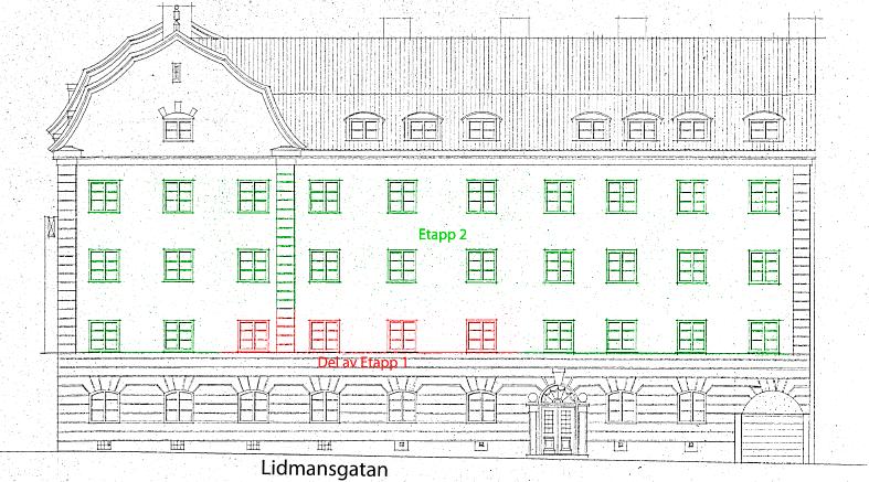 Byggnadsvårdsåtgärder Byggnadens fönster var i dåligt skick med bortfallet kitt och flagnande färg. Fastighetsägaren ville låta restaurera fönstren, sammanlagt 81 stycken, under flera etapper.