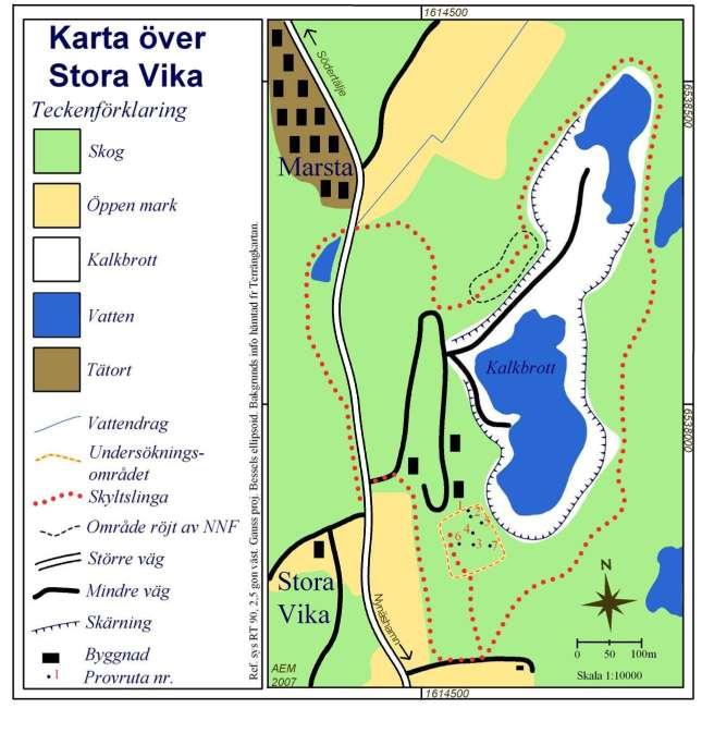 Figur 1. Karta över Stora Vika. Växtinventeringarna 2007 och 2013 har skett i undersökningsområdet.