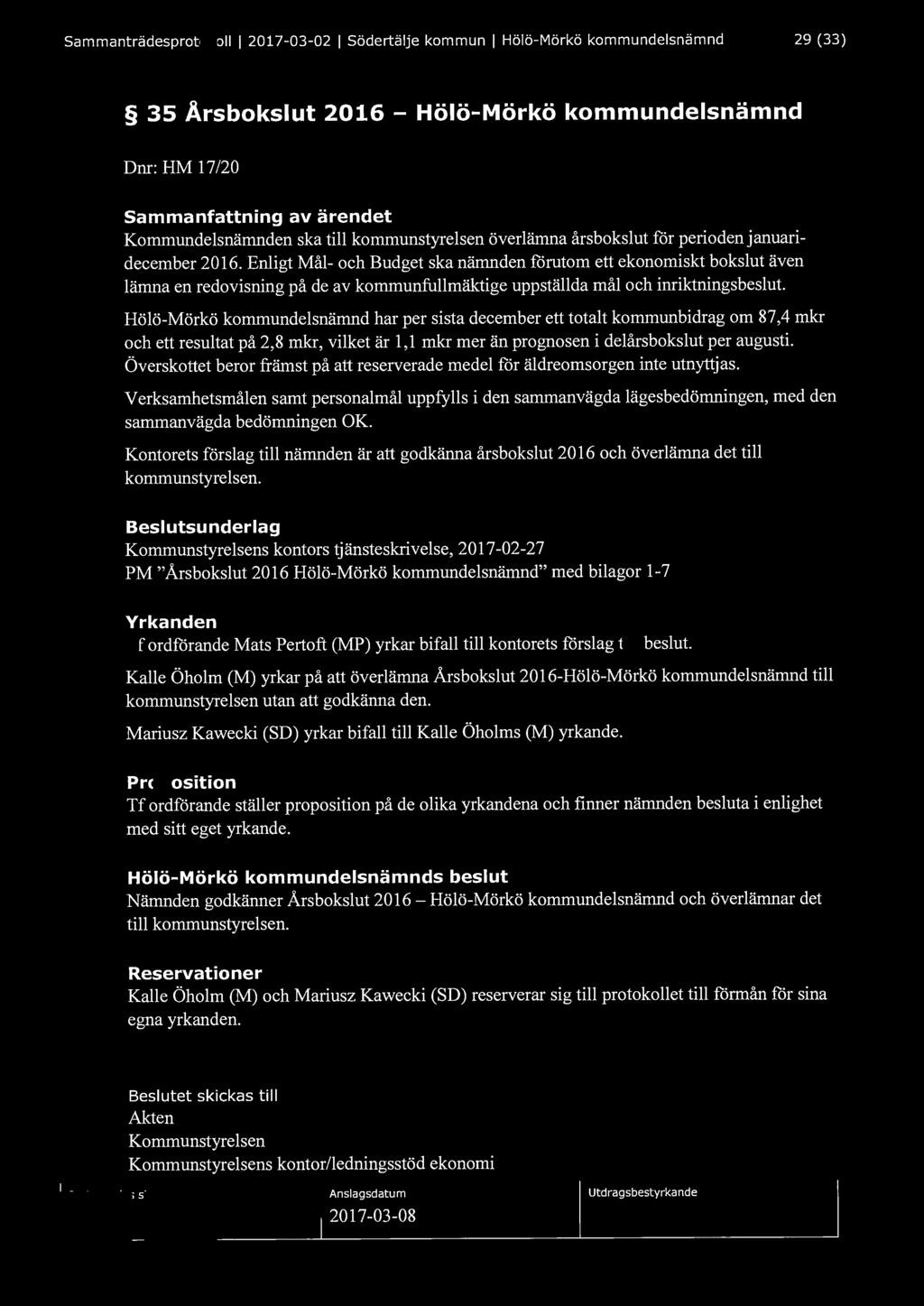 Sammanträdesprotokoll l 2017-03-02 l Södertälje kommun l Hölö-Mörkö kommundelsnämnd 29 (33) 35 Arsbokslut 2016 - Hölö-Mörkö kommundelsnämnd D nr: HM l 7/20 Kommundelsnämnden ska till kommunstyrelsen