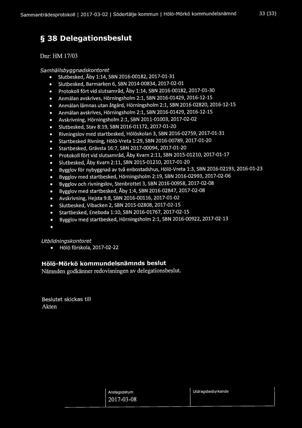 Sammanträdesprotokoll l 2017-03-02 l Södertälje kommun l Hölö-Mörkö kommundelsnämnd 33 (33) 38 Delegationsbeslut Dnr: HM 17/03 Samhällsbyggnadskontoret Slutbesked, Åby 1:14, SBN 2016-00182,