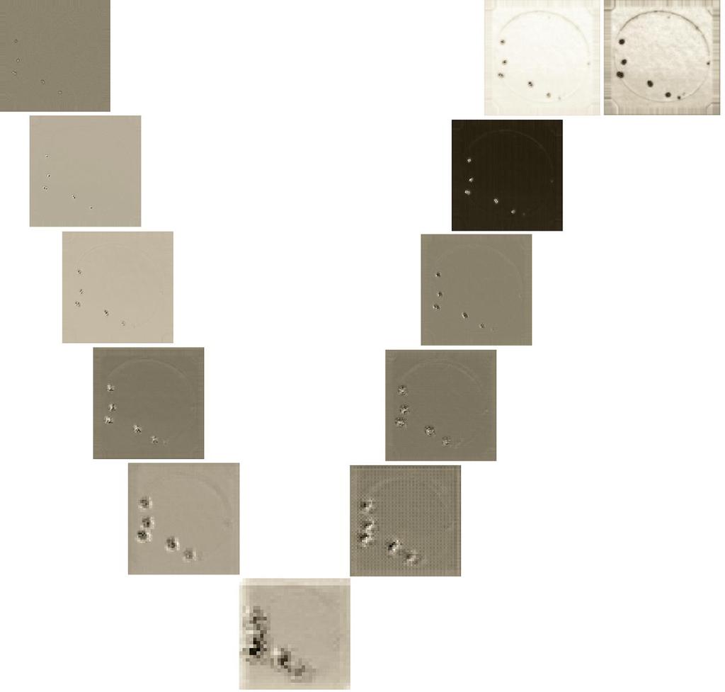 Figure 22 One feature map at each layer. The structure corresponds to the fully convolutional network seen in Figure 14. The input is a frame from the training data, in the beginning of training.