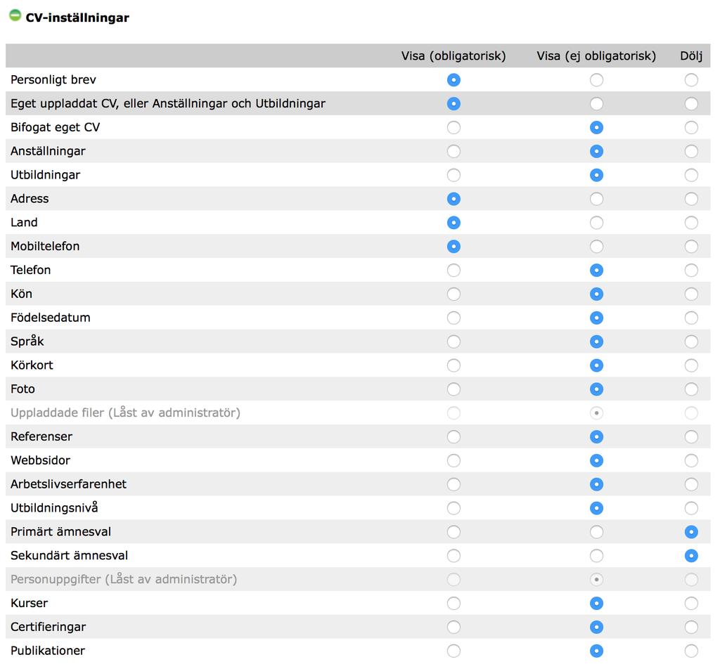 9. CV-inställningar I CV-inställningar har du möjlighet att definiera vilken information du vill få in samt på vilket sätt du vill att informationen ska bifogas i samband med kandidaternas