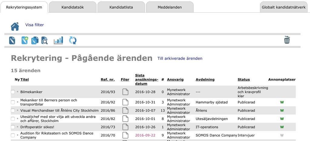 Rekrytering Pågående ärenden (ärendeöversikt) På sidan Rekryteringar - Pågående ärenden finns en lista på alla pågående rekryteringsärenden som du har behörighet att se.