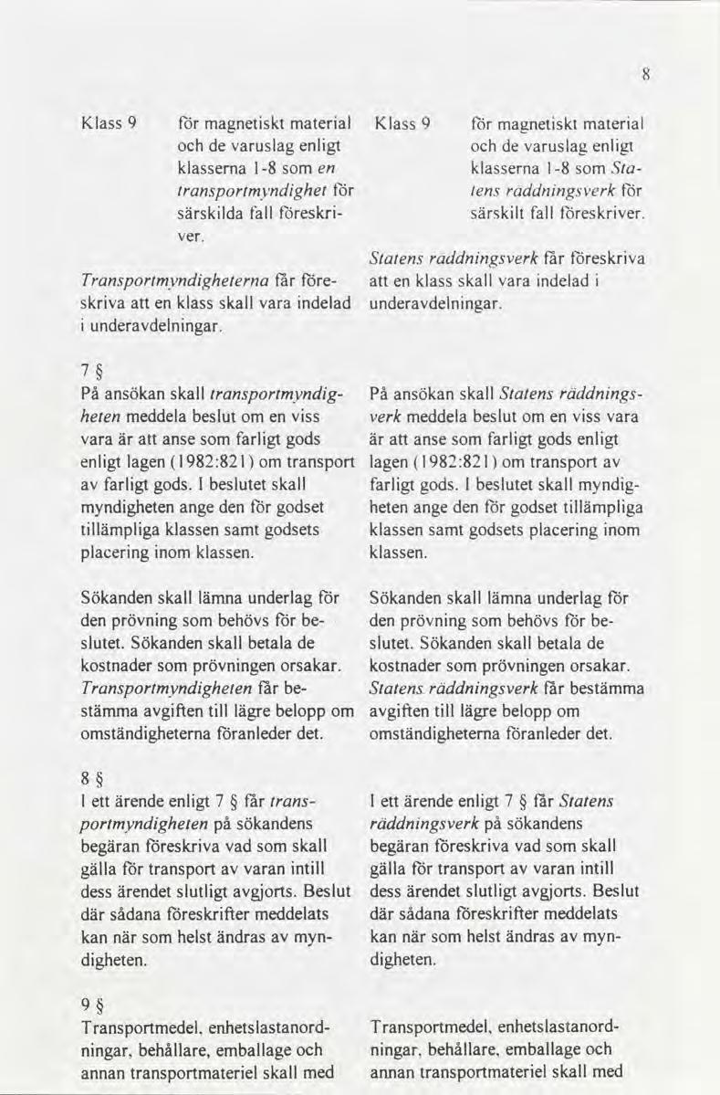 Klass 9 för magnetiskt material Klass 9 lör magnetiskt material och de varuslag enligt och de varuslag enligt klasserna l-8 som en klasserna 1-8 som Statransportmyndighet för tens räddningsverk för