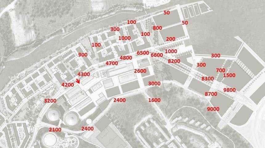 4.2 Scenario 2C-2B Utan parkering under idrottshall Nedan visas resultat för scenariot utan parkering under idrottshall. 4.2.1 Detalj Gasverksområdet Figur 7 visar dygnstrafikflöden kring Gasverksområdet för scenario 2C-2B.