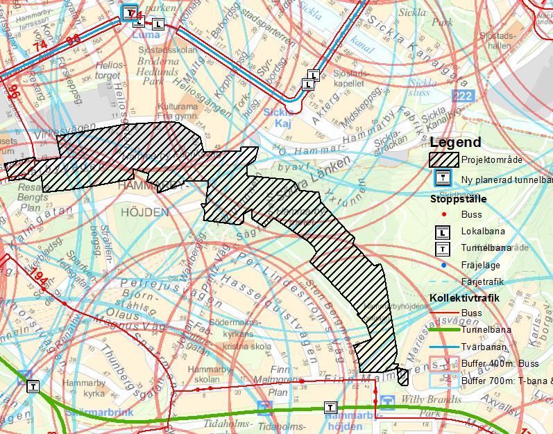 Radier på 400 meter för busshållplats visas i röda cirklar och cirklar med radie 700 meter till ny planerad respektive befintliga och planerade tunnelbanestationer visas i turkosa cirklar utifrån