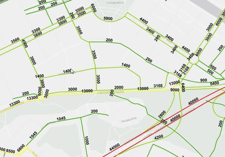 4.5.4 Trafikmängder bil Fordonstrafiken på vägnätet, enligt stadens trafikräkningar, visas i Figur 17. Figur 17. Biltrafik vardagsdygn nuläge Källa: Trafikkontoret.
