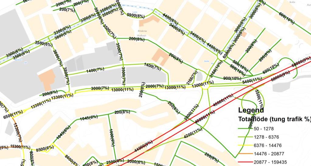 4.5.6 Andel tung trafik Figur 18. Tung trafik andel idag. Tung trafik sammanfattas i Tabell 4.