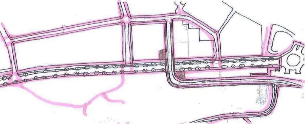 6 ALTERNATIV GATA 1B Hammarbyvägen och Hammarby fabriksväg slås ihop och omvandlas till Hammarbygatan, en stadsgata med 28 meter gaturum på Hammarby fabriksvägs nivå.