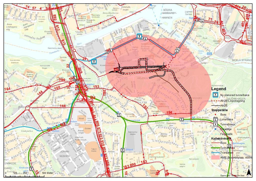 Figur 61. 2E gatunät för buss i linjetrafik med möjliga hållplatslägen. Figur 62.