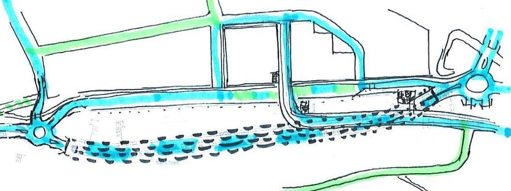 9.4 VÄGNÄT BILTRAFIK Bergtunneln dras i berg söder om befintlig HV med 5 % lutning. Bergtunneln ansluter till ny cirkulationsplats vid Textilgatan.