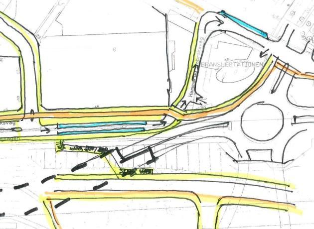 Även vid Hammarbymotet kan en annan trafiklösning kanske övervägas. Hammarby fabriksväg skulle kunna ledas enkelriktat runt bensinmacken ut mot Hammarbymotet.