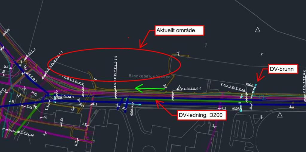 Figur 4 Befintliga ledningar i närområdet I gatan löper även el-, tele-, gas- och fjärrvärmeledningar. 3.