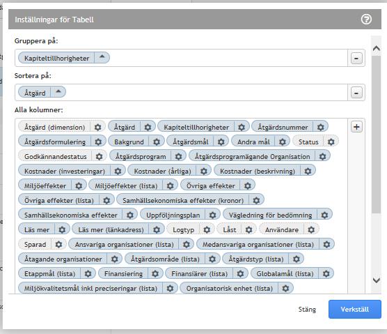 2d. Diagram & Tabeller - Åtgärdsprogram och åtgärder (avancerad) 3 2 1. Välj vilka kolumner du vill se/inte se genom att markera/avmarkera i rutan alla kolumner 2.