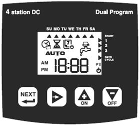 Kontrollpanelen: Inställningar av tid och dag Bevattningstidens längd Val av bevattningsdagar Manuell start Autoläge Program 1 & 2 OFF Ingen bevattning Ventilnummer knappar för programmering: För att