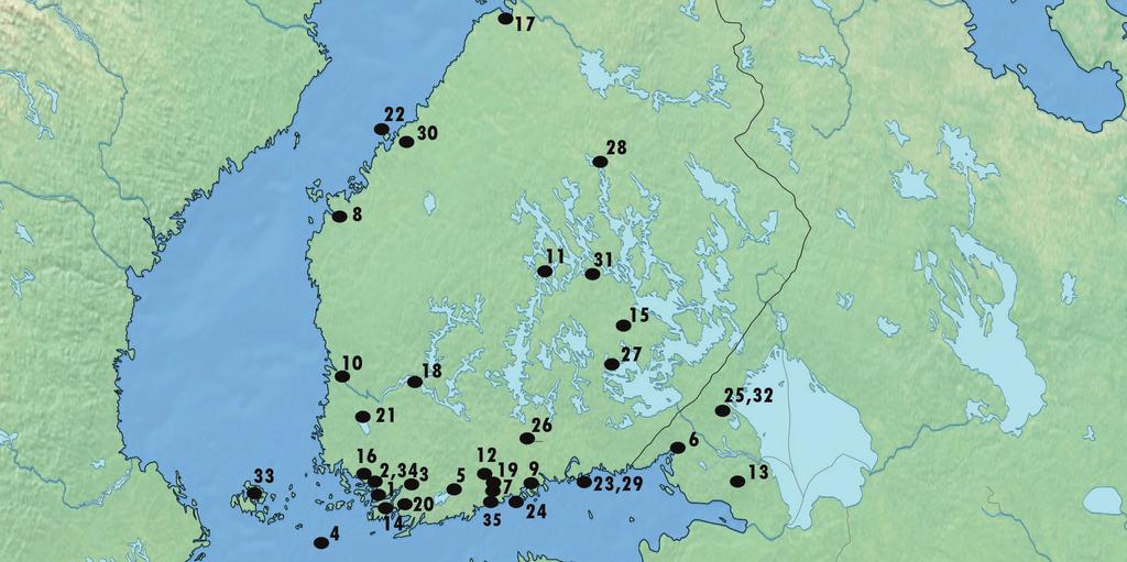 Fig. 4. Guldmynt funna i Finland. Kompletterad efter Talvio 2014. Numreringen hänvisar till tabell 2. Karta: Ulla Moilanen.