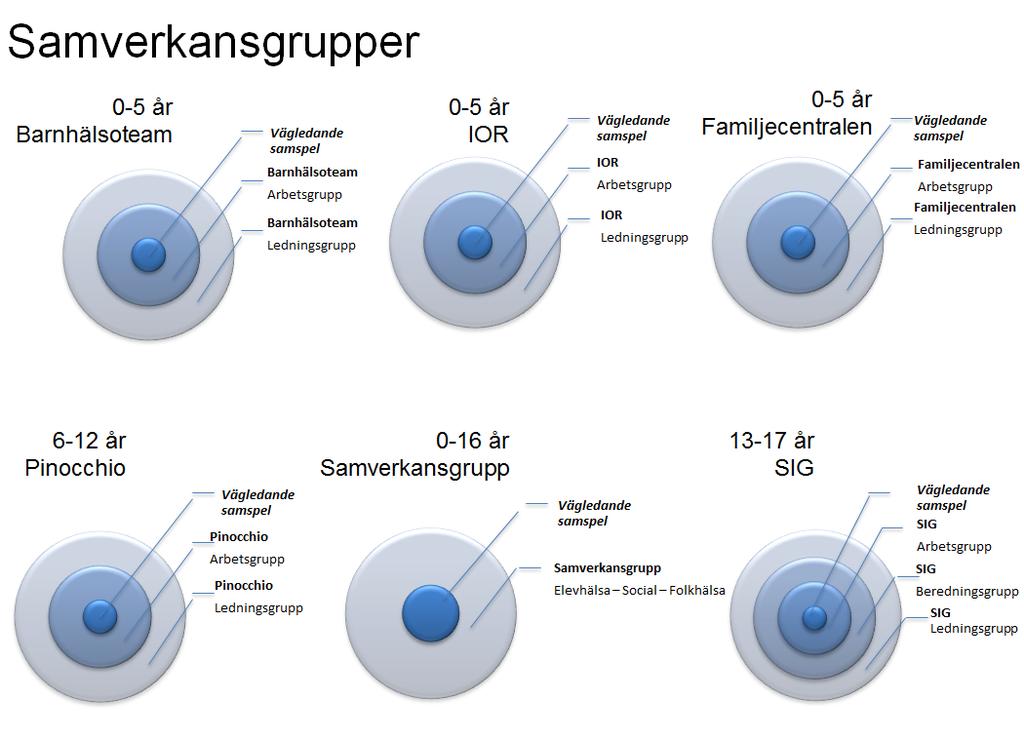 I nedanstående bild illustreras de grupper och former för samverkansarbete som finns inom ramen för Degerforsmodellens arbete. Dessa förklaras närmare i bifogad bilaga.