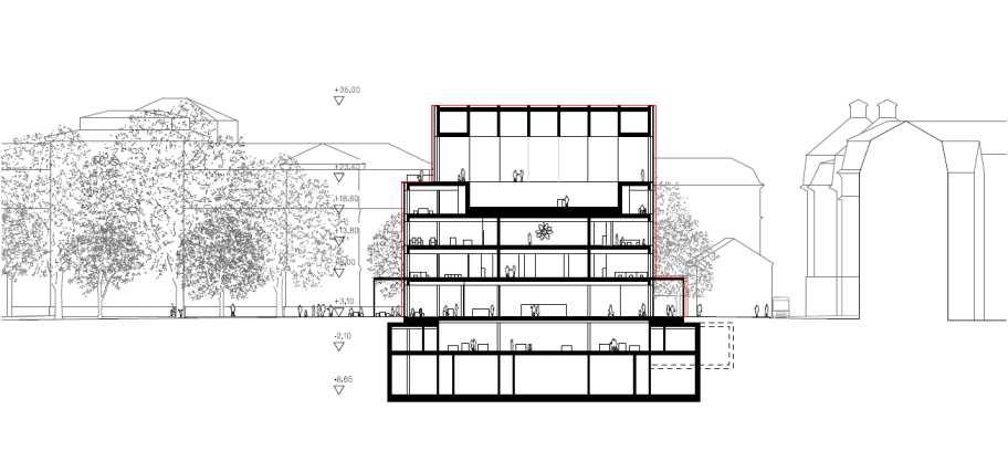 Sida 6 (90) Granskningsförslaget med en totalhöjd på +35 m (32 m hög från mark). Illustration: David Chipperfield Architects.