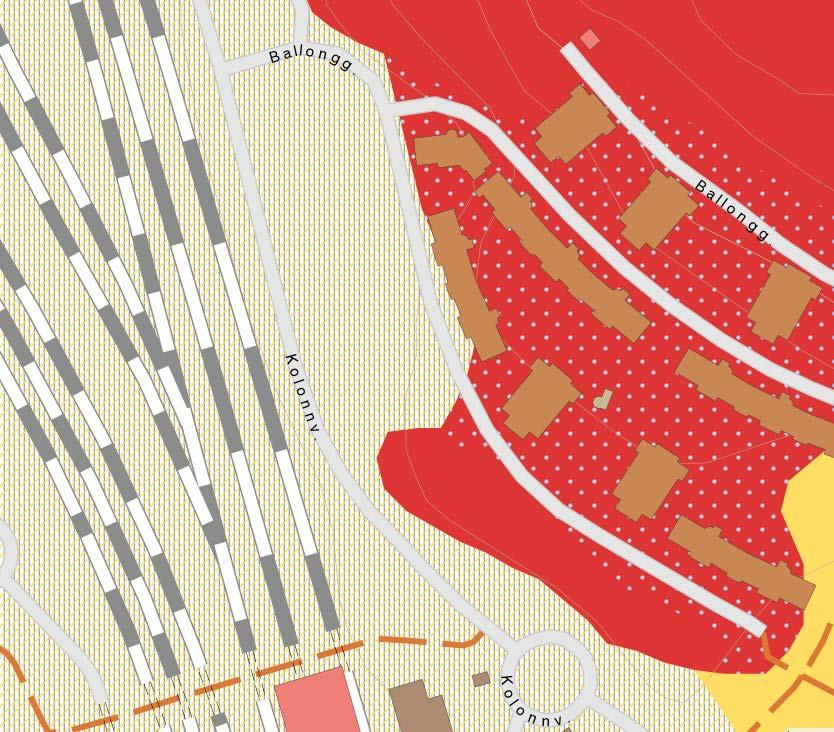 Figur 3: Skrafferat område består av postglacial lera. Det rödmarkerade jordlagret är urberg. Källa: SGU:s kartvisare över jordarter.