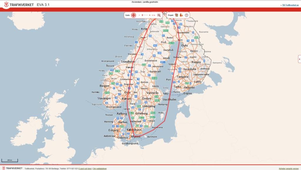 3. Arbeta med EVA 3.1. Startsidan i EVA När EVA öppnas visas en översiktskarta över Nordens vägsystem.