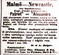 Sjöpostlinje Malmö-Newcastle 1880-1893 Thomas Wallner På postens arkiv i Malmö så fann jag skrivelser om en för mig tidigare okänd sjöpostlinje.