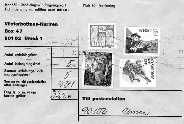 Porto för brev med Utdelnings-/indragningskort för lokaltidningar Västerbottens-Kuriren (VK), en lokaltidning i Västerbottens län, dis tribuerades till hushållen så sent som på 1980-talet via