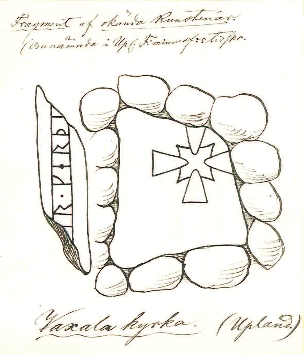 Korta meddelanden 61 Fig. 2. C. M. Bolms teckning av det tidigare okända runstensfragmentet (t.v.) samt den korsmärkta U 966 (t.h.) från Vaksala kyrka, Uppland. Efter original i ATA.