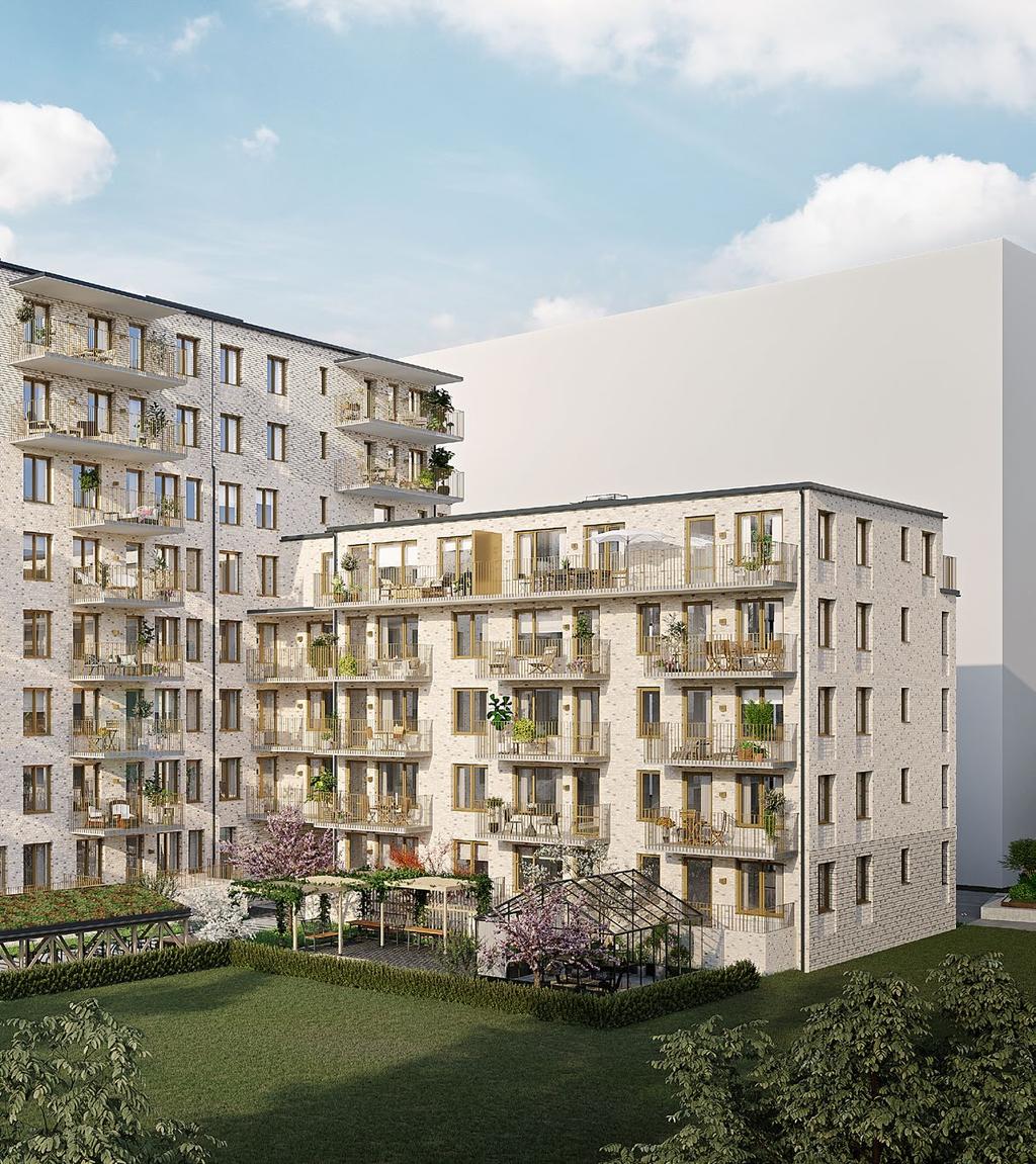 ARKITEKTUR Gårdssidan blickar ut över en öppen rymd med generöst respektavstånd till omkringliggande bostadskvarter.