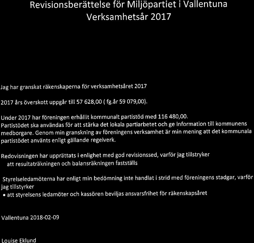 Revisions berättelse för M i ljöpa rtiet i Va I lentu na Verksamhetsår 2017 Jag har granskat räkenskaperna för verksamhetsåret 2017 2OI7 ârs överskott uppgår t ll 57 628,00 ( fs.år 59 079,00).