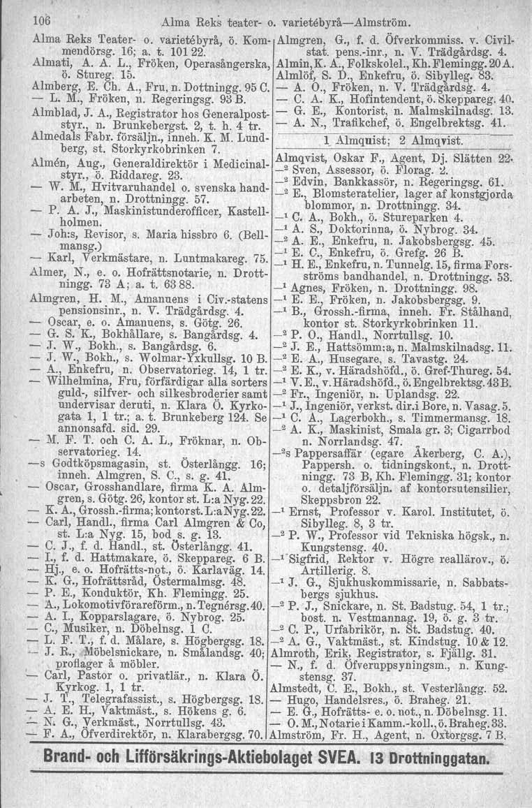 106 Alma Reks teater o. varietebyråalmström. Alma Reks Teater o. varietebyrå, ö. Kom Almgren, G., f. d. Öfverkommiss. v. Civilmendörsg. 16; a. t. 10122. stat. pens.inr., n. V. Trädgårdsg. 4.