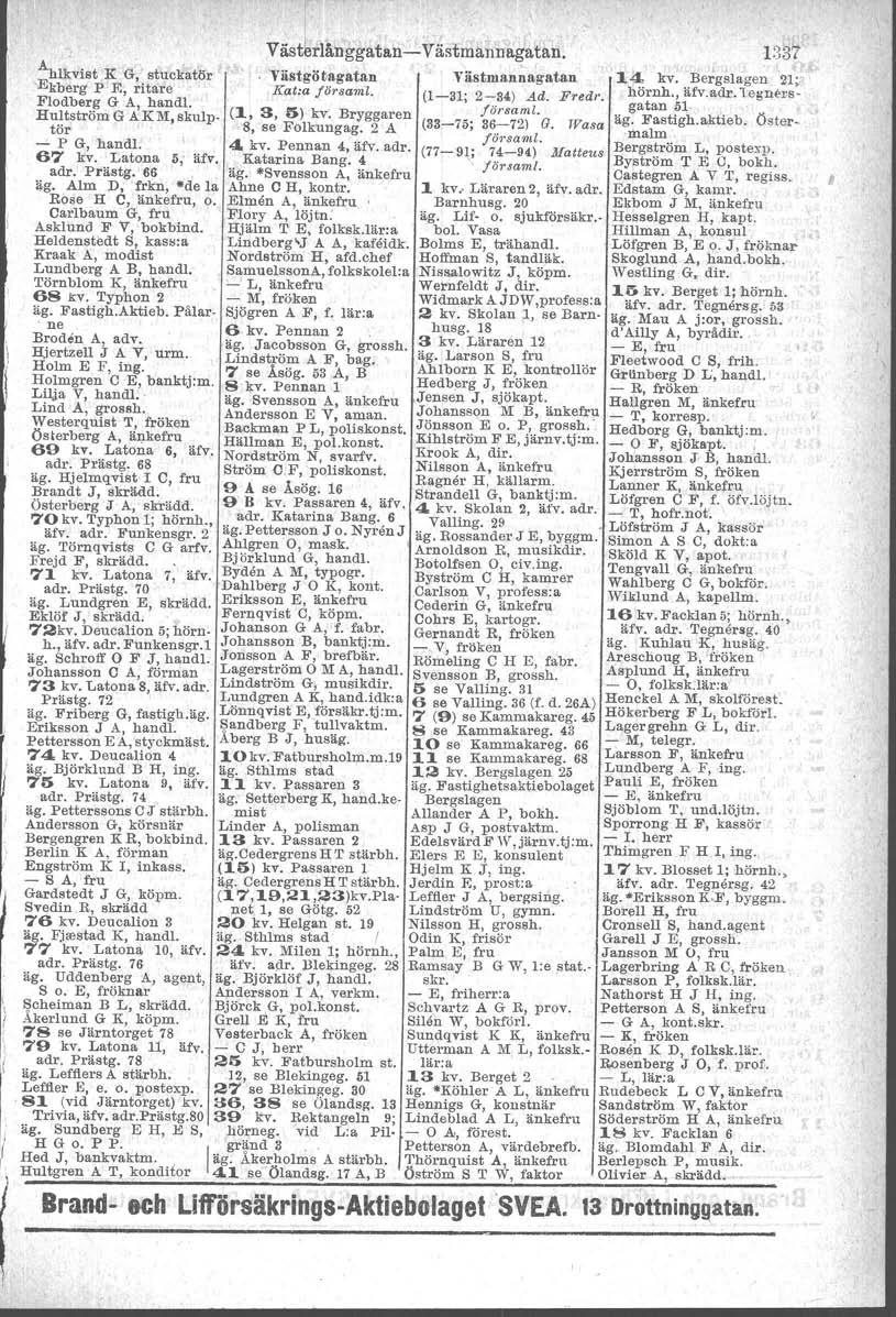 västlrlånggatan- Viistmannagatan. 1837 Ahlkvist K G, stuckatör Viistgötfagatan Västmannagatan 1,4 kv. :Berg~la.gen 21 i ;- Ekberg P R, ritare Katsa f örsaml; (1-31; 2-34) Ad. Fredr. hörnh., äfv.adr.