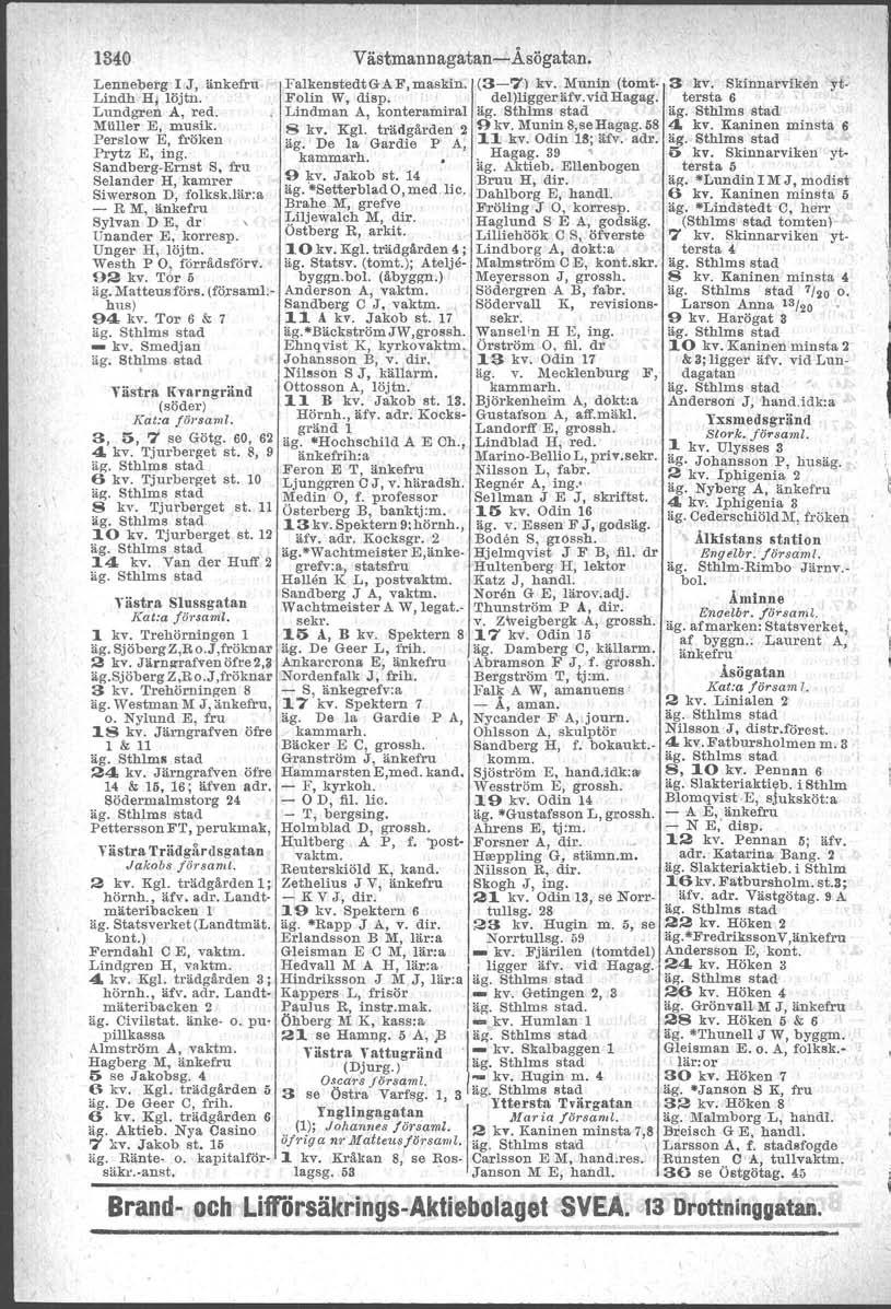 1340 Lenneberg I J, änkefru Lindh Hl löjtn. Lundgren A, red. Miiller E, musik. Perslow E, fröken Prytz E, ing. Sandberg-Ernst S, fru Selander H, kamrer Biwerson D, folksk.