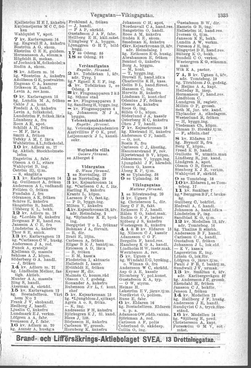 j. Vegagatan- Vikingagatan. 1333 Kjel!ström H E l, änkefru 'Frohlund A, fröken Johanson C H, apot, Gustafsson B W, dir. Knylenstjerna M C C, frö- - J, handl. Nordenvall C A, hand.res. Hamrin G B, ing.
