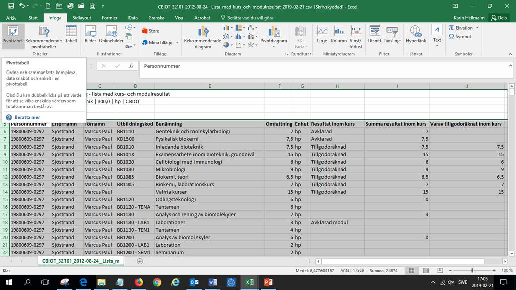 9. Markera tabellen med data, klicka på