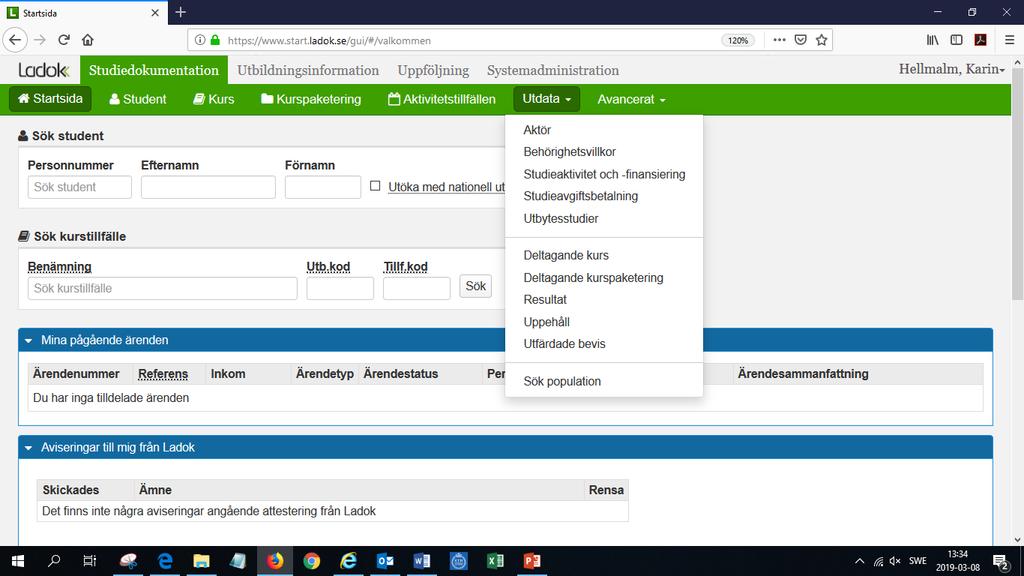 Studiedokumentation - utdata Följande data kan hämtas via studiedokumentation och utdata: *Aktör (handledare på forskarnivå F) *Behörighetsvillkor (vid antagning till grund och avancerad nivå G&A)