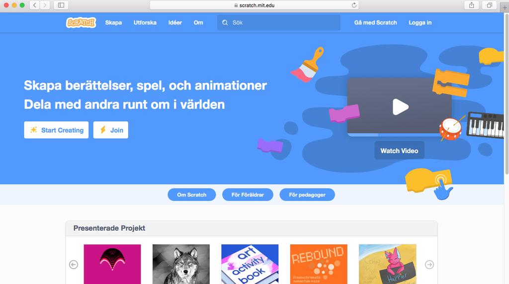 Genomförande 1. Nu ska du visa på din projektor/skärm utan att eleverna använder sina digitala enheter. 2. Öppna www.scratch.mit.edu och sök: uppdragprogrammering.