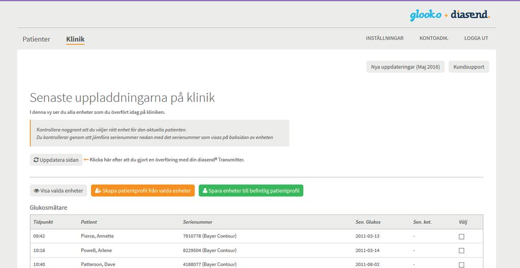 6 Visa datan Klinik Under fliken Klinik går det att visa den överförda datan utan att behöva skapa en patientprofil. Klicka i rutan för den överföring du vill visa.