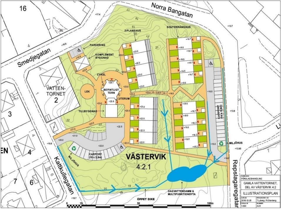 rinner även söderut på Kattkullegatan till svängen där det finns rännstensbrunnar. De är kopplade till en dagvattenledning som leds vidare till ledning i Repslagaregatan (rinner söderut).