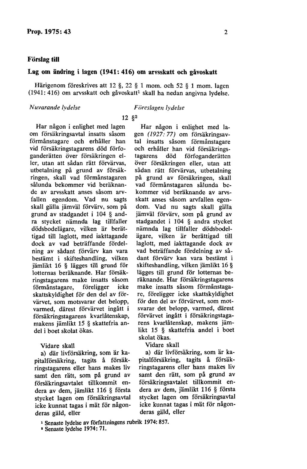 Prop. 1975: 43 2 Förslag till Lag om ändring i lagen (1941: 416) om arvsskatt och gåvoskatt Härigenom föreskrives att 12, 22 1 mom. och 52 1 mom.