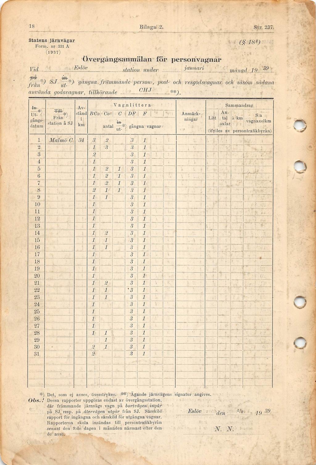 - V J.f ' 4v 8 Bilaga(l2. S^r. 237 Statens järnrägar Form. nr 33 A (937) Vid.