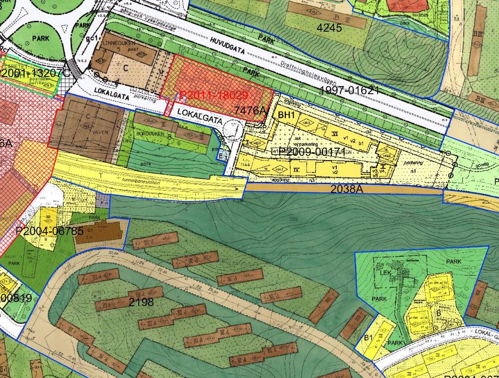 Sida 5 (9) Planmosaik över planområdet. Fastigheterna Åkeshov 1:1 och Ulvsunda 1:10 inom vitmarkerad ring, Dussinet 2 inom röd ring och Famnen 6 inom gul ring.
