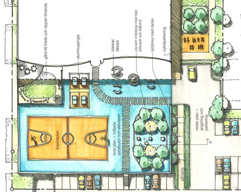 Illustration över hur torget, på plattan, framför entrén till idrottshallen kan utformas. Utformningen av torget beror på utformningen av planerad byggnad.