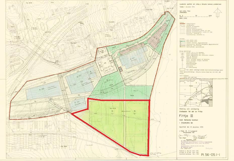 56-53 BOTKYRKA KOMMUN 8 [20] Samrådshandling Stadsbyggnadsenheten 2013-10-16 Detaljplaner Aktuellt område är rödmarkerat I gällande detaljplan från 1971 är aktuellt område planlagt som Ri och får