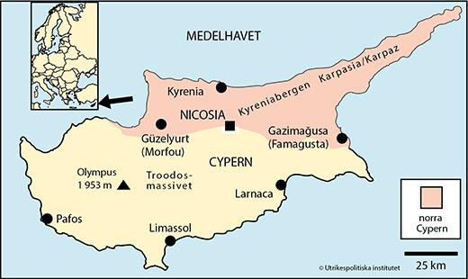 Yta 9 251 km2 (2017) Tid svensk + 1 timme Huvudstad med antal invånare Nicosia (Lefkoşa på turkiska (2012) Övriga större städer Limassol (179 500 inv), Larnaca (58 000), Pafos (39 400) i söder samt