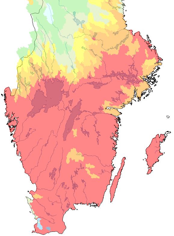 Figur 2. Modellerat vatteninnehåll i snön den 15 mars. Värdet presenteras i procent av normalt för månaden.