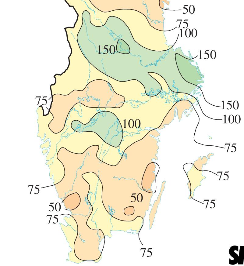 Figur 5. Nederbörd i mars uttryckt i procent av normalt för månaden.