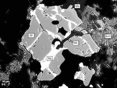 Figur 7. BSE-bild som visar en breccierad, anhedral och oregelbunden granatporfyroblast (Gt) med rikliga sprickfyllnader/läkningar av blyglans (Bg). Amfibol (Amf) och mikroklin (Mk). Skala 10µm. 4.